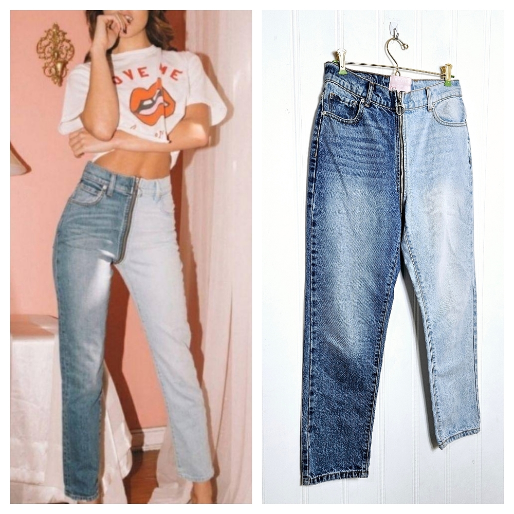 Revice Denim Yin Yang Jeans 28 Two Tone Tokyo Wash Y2K Full Zip Crop Blue